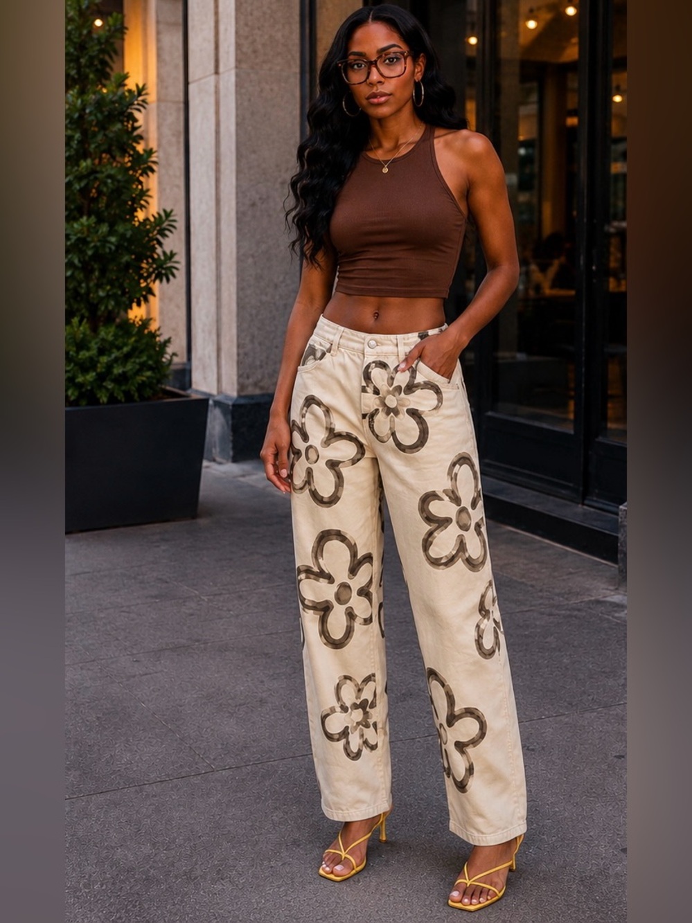 Women’s Cream Floral Wide-Leg Pants